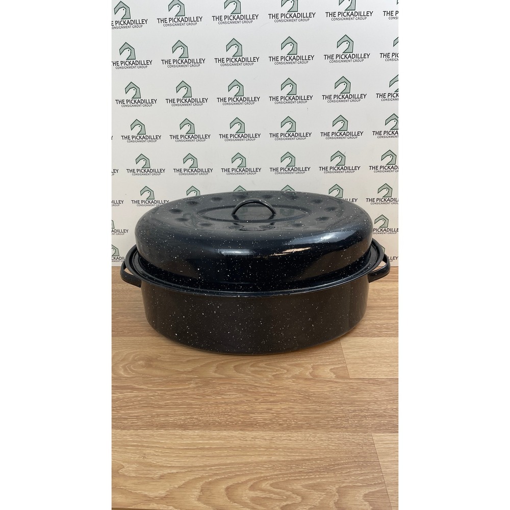 Vintage Black Speckled Enamel Oval Roasting Pan with Self Basting Lid Large 18in